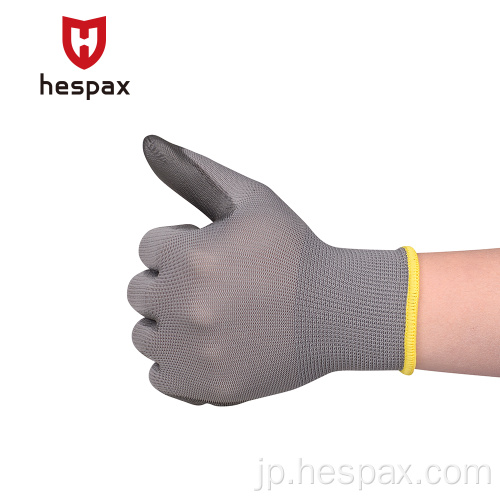 Hespax 15GナイロングレーPUパーム保護手袋
